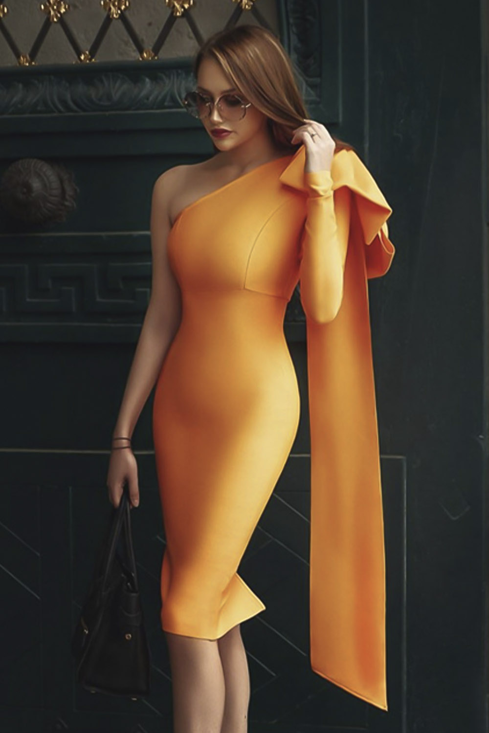 Μονόχρωμο φόρεμα με διακοσμητικό φιόγκο - Πορτοκαλί