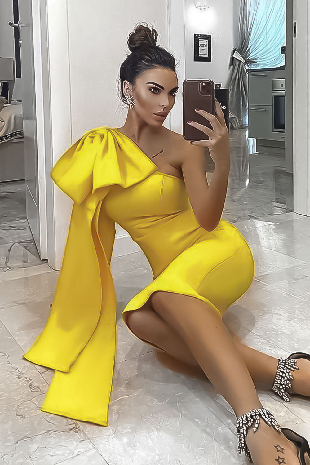 Μονόχρωμο φόρεμα με διακοσμητικό φιόγκο - Κίτρινο