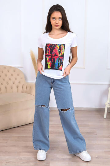  T-shirt με μαύρη στάμπα - ΑΣΠΡΟ