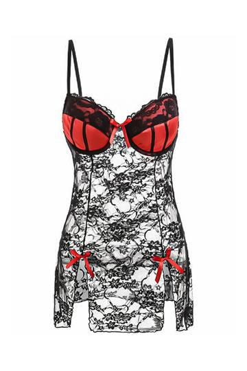 Σετ δαντελωτό lingerie με κόκκινες λεπτομέρειες - ΜΑΥΡΟ