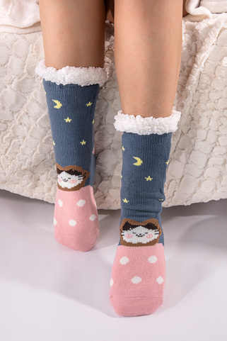 Αντιολισθητικές κάλτσες με σχέδιο γατάκι - ΜΠΛΕ ΣΚΟΥΡΟ