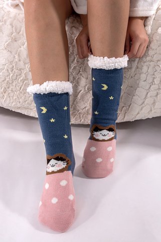 Αντιολισθητικές κάλτσες με σχέδιο γατάκι - ΜΠΛΕ ΣΚΟΥΡΟ