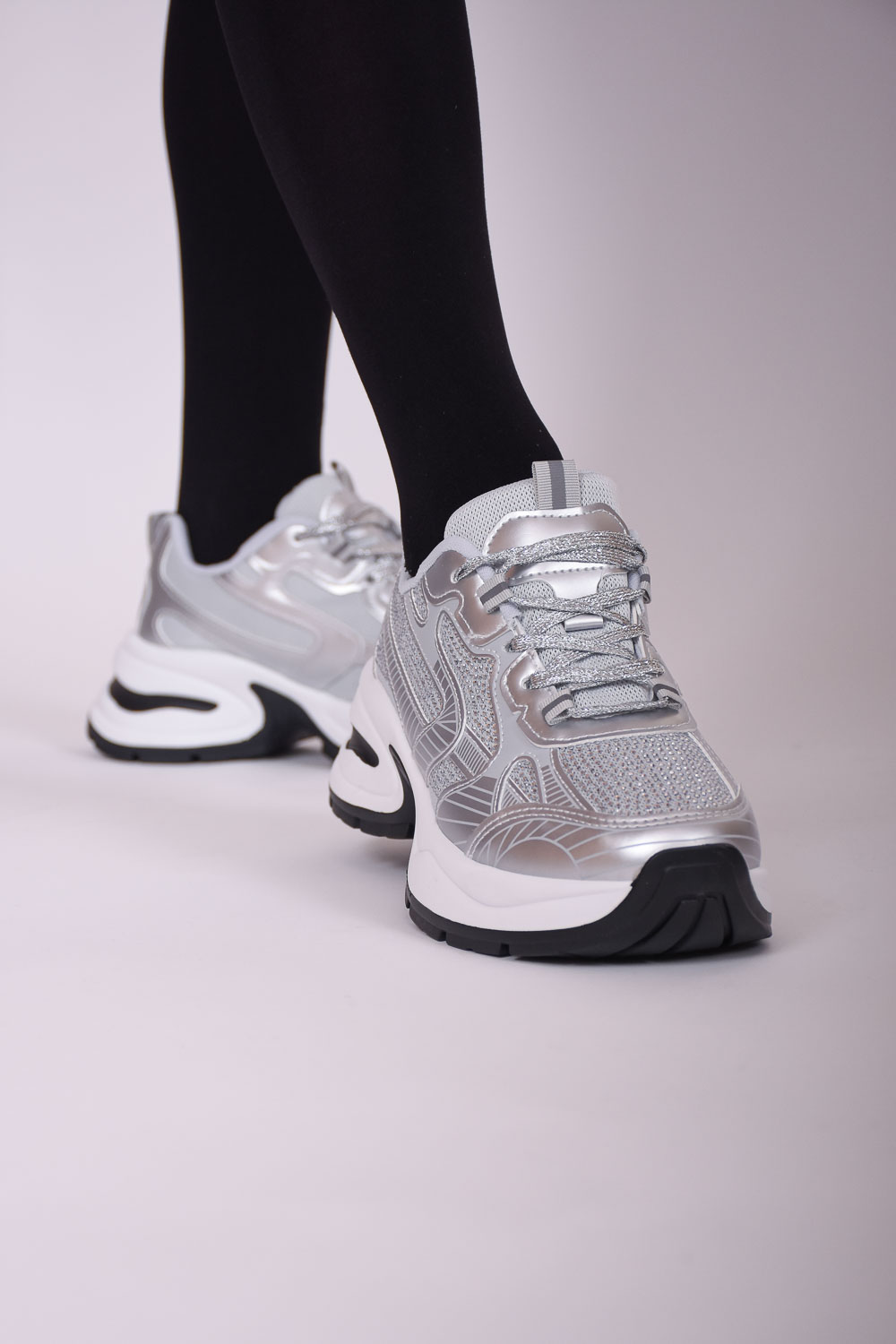 Γυναικεία Ασημί Sneakers με Chunky Σόλα